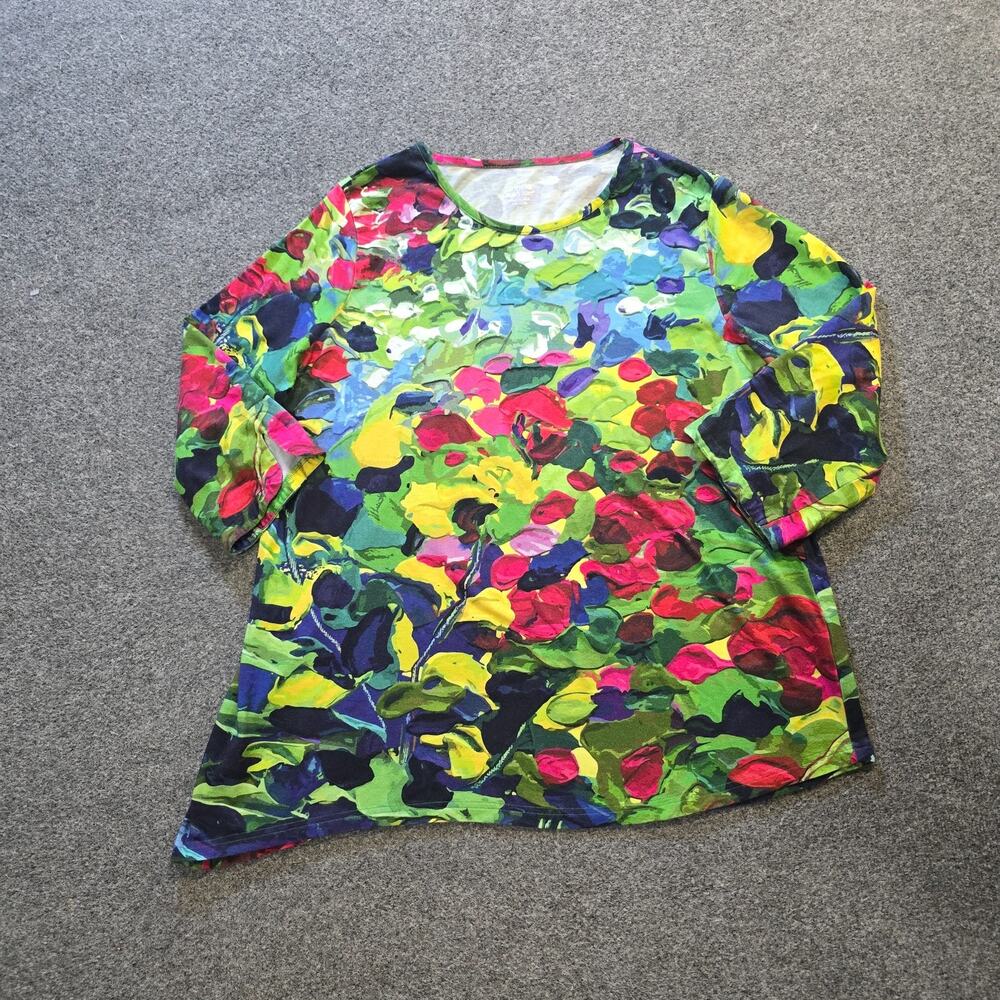 Vermont Country Store Top Womens Size 2X Green Colorful Floral 3/4 Sleeve Casual
